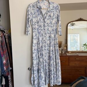 Blue and White Tropical Patterned Women's Dress